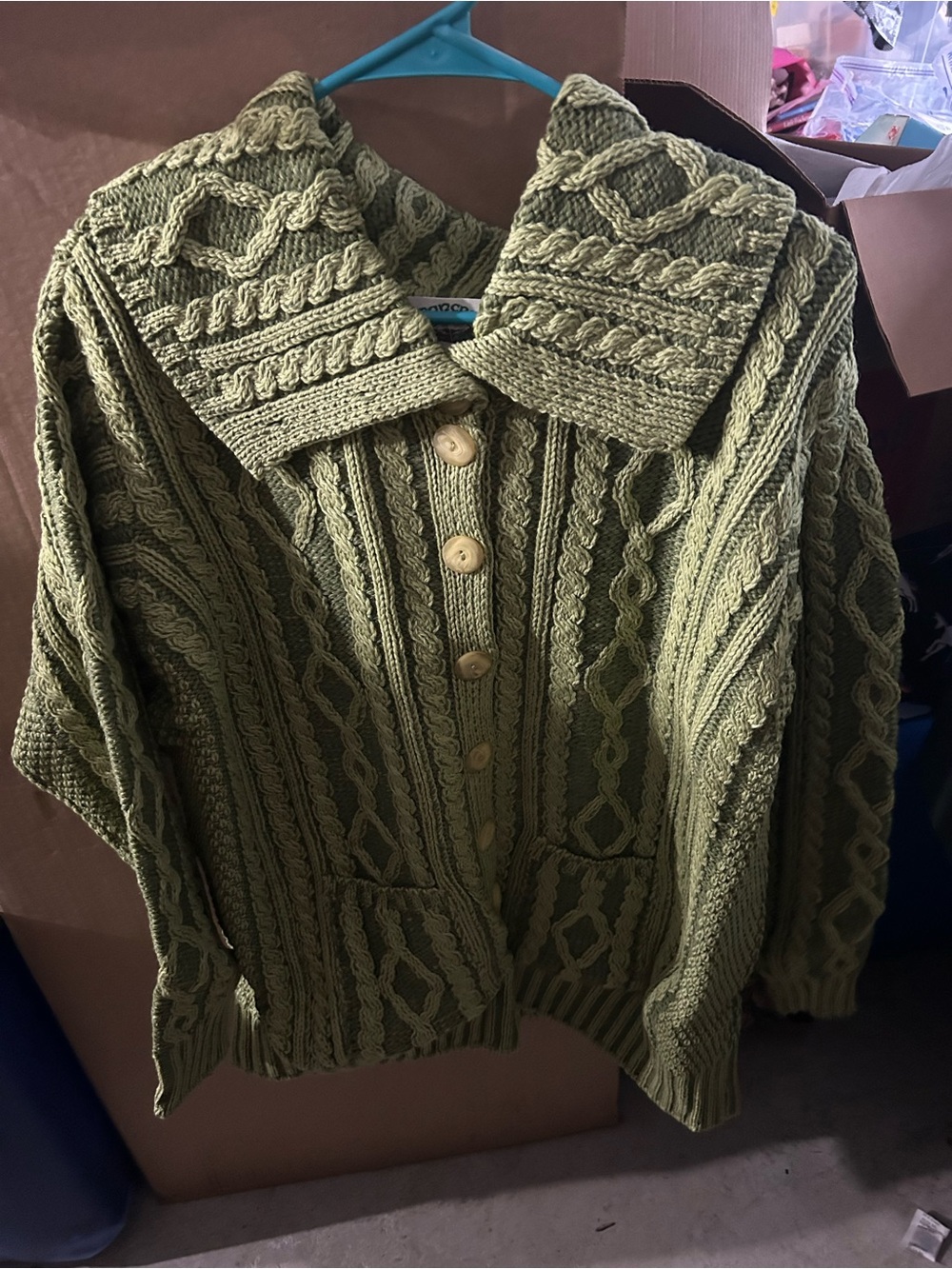 Aran Crafts Light Green Merino Wool Cable Knit Sweater - Picture 7 of 14